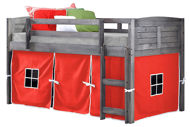 Create the bedroom of their dreams with this louvered twin low loft bed with tent. Quality crafted with pine wood for sturdy construction made for years of enjoyment, this loft bed offers space-saving convenience. The tent creates a hidden space under the bed that's great for "camping in," play time, toy storage and more.Includes twin low loft bed with red tent | Made of pine wood and engineered wood | White finish | Mattress ready slat system | Built-in ladder and guard rail | Lacquer finish for easy cleaning | Assembly required