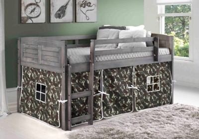 Kids Louvered Twin Low Loft Bed With Tent, Antique Gray/Green/Brown