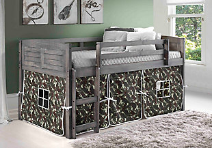 Create the bedroom of their dreams with this louvered twin low loft bed with tent. Quality crafted with pine wood for sturdy construction made for years of enjoyment, this loft bed offers space-saving convenience. The tent creates a hidden space under the bed that's great for "camping in," play time, toy storage and more.Includes twin low loft bed with camouflage tent | Made of pine wood and engineered wood | White finish | Mattress ready slat system | Built-in ladder and guard rail | Lacquer finish for easy cleaning | Assembly required