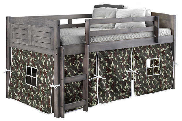 Create the bedroom of their dreams with this louvered twin low loft bed with tent. Quality crafted with pine wood for sturdy construction made for years of enjoyment, this loft bed offers space-saving convenience. The tent creates a hidden space under the bed that's great for "camping in," play time, toy storage and more.Includes twin low loft bed with camouflage tent | Made of pine wood and engineered wood | White finish | Mattress ready slat system | Built-in ladder and guard rail | Lacquer finish for easy cleaning | Assembly required