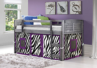 Create the bedroom of their dreams with this louvered twin low loft bed with tent. Quality crafted with pine wood for sturdy construction made for years of enjoyment, this loft bed offers space-saving convenience. The tent creates a hidden space under the bed that's great for "camping in," play time, toy storage and more.Includes twin low loft bed with zebra tent | Made of pine wood and engineered wood | White finish | Mattress ready slat system | Built-in ladder and guard rail | Lacquer finish for easy cleaning | Assembly required