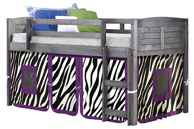 Create the bedroom of their dreams with this louvered twin low loft bed with tent. Quality crafted with pine wood for sturdy construction made for years of enjoyment, this loft bed offers space-saving convenience. The tent creates a hidden space under the bed that's great for "camping in," play time, toy storage and more.Includes twin low loft bed with zebra tent | Made of pine wood and engineered wood | White finish | Mattress ready slat system | Built-in ladder and guard rail | Lacquer finish for easy cleaning | Assembly required