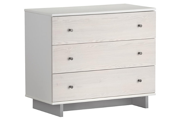Just because they’re outgrowing their clothes doesn’t mean they should outgrow their bedroom furniture. Offering a simply chic look inspired by Scandinavian design, the quality built Little Seeds Maple Lane Dove 3-drawer dresser has a sense of staying power you’re sure to love. What a natural choice—everywhere from the nursery to a tween or teen’s room.Made of engineered wood/laminated particle board | Non-toxic white finish (with light brown woodgrain and contrasting gray feet/base) | Changing table topper available (sold separately) | 3 smooth-gliding drawers with metal slides | Metal knobs | Anti-tip kit included for extra protection | Assembly required | Small space solution | Includes tipover restraint device