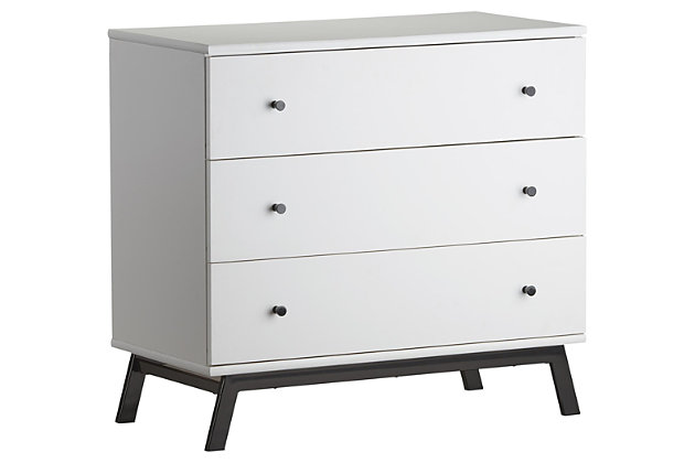 Just because they’re outgrowing their clothes doesn’t mean they should outgrow their bedroom furniture. Offering a cool, crisp, modern look, the quality-built Little Seeds Rowan Valley Lark Urban 3-drawer dresser has a sense of staying power you’re sure to love. What a sophisticated choice that’s welcome everywhere from the nursery to a tween or teen’s room.Made of wood, metal and engineered wood/laminated particle board | Non-toxic white finish | Black metal base with powdercoat finish | Changing table topper available (sold separately) | 3 smooth-gliding drawers with metal slides | Metal knobs | Anti-tip kit included for extra protection | Assembly required