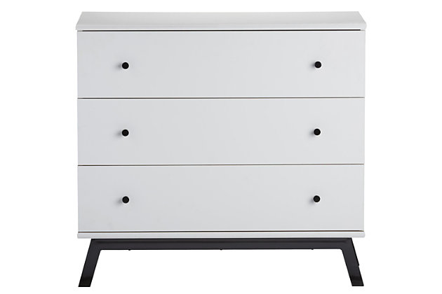 Just because they’re outgrowing their clothes doesn’t mean they should outgrow their bedroom furniture. Offering a cool, crisp, modern look, the quality-built Little Seeds Rowan Valley Lark Urban 3-drawer dresser has a sense of staying power you’re sure to love. What a sophisticated choice that’s welcome everywhere from the nursery to a tween or teen’s room.Made of wood, metal and engineered wood/laminated particle board | Non-toxic white finish | Black metal base with powdercoat finish | Changing table topper available (sold separately) | 3 smooth-gliding drawers with metal slides | Metal knobs | Anti-tip kit included for extra protection | Assembly required