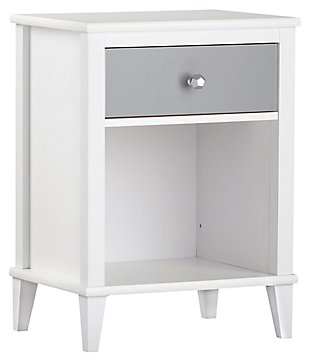 Just because they’re outgrowing their clothes doesn’t mean they should outgrow their bedroom furniture. Offering an on-trend transitional look that complements so many styles, the quality-built Little Seeds Monarch Hill Poppy nightstand has a sense of staying power you’re sure to love. Be it in a nursery or tween or teen’s room, what a sophisticated choice befitting every age and stage.Made of engineered wood/laminated particle board | Non-toxic, two-tone (white and gray) finish | Smooth-gliding drawer | Open cubby | 2 sets of metal knobs for customized look | Assembly required
