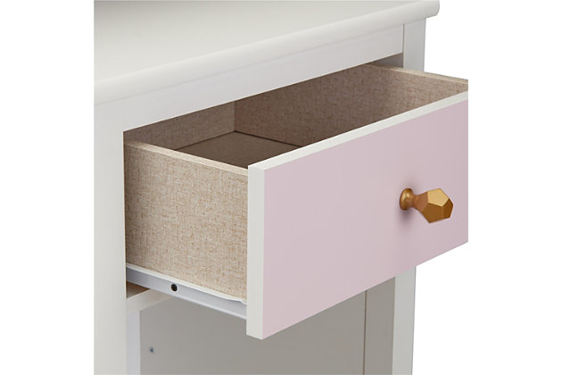 Just because they’re outgrowing their clothes doesn’t mean they should outgrow their bedroom furniture. Offering an on-trend transitional look that complements so many styles, the quality-built Little Seeds Monarch Hill Poppy nightstand has a sense of staying power you’re sure to love. Be it in a nursery or tween or teen’s room, what a sophisticated choice befitting every age and stage.Made of engineered wood/laminated particle board | Non-toxic, two-tone (white and pink) finish | Smooth-gliding drawer | Open cubby | 2 sets of metal knobs for customized look | Assembly required