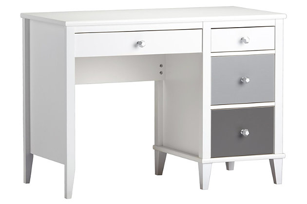Just because they’re outgrowing their clothes doesn’t mean they should outgrow their bedroom furniture. Offering an on-trend transitional look that complements so many styles, the quality-built Little Seeds Monarch Hill Poppy desk has a sense of staying power you’re sure to love. What a sophisticated choice befitting every age and stage.Made of engineered wood/laminated particle board | Non-toxic, three-tone (white, light gray and dark gray) finish | 4 smooth-gliding drawers | 2 sets of metal knobs for customized look | 1-year warranty | Assembly required
