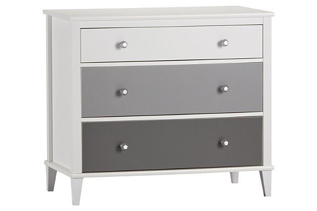 Just because they’re outgrowing their clothes doesn’t mean they should outgrow their bedroom furniture. Offering an on-trend transitional look that complements so many styles, the quality-built Little Seeds Monarch Hill Poppy 3-drawer dresser has a sense of staying power you’re sure to love. Be it in a nursery or tween or teen’s room, what a sophisticated choice befitting every age and stage.Made of engineered wood/laminated particle board | Non-toxic, three-tone (white, light gray and dark gray) finish | 3 smooth-gliding drawers | Changing table topper available (sold separately) | 2 sets of metal knobs for customized look | Anti-tip kit included for extra protection | 1-year warranty | Assembly required