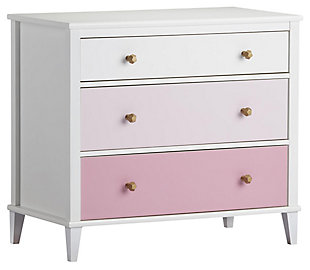 Just because they’re outgrowing their clothes doesn’t mean they should outgrow their bedroom furniture. Offering a sweet yet sophisticated look inspired by cottage design, the quality-built Monarch Hill Poppy 3-drawer dresser has a sense of staying power you’re sure to love. What a brilliant choice—everywhere from the nursery to a tween or teen’s room.Made of engineered wood/laminated particle board | Non-toxic, three-tone (white, light pink and dark pink) finish | 3 smooth-gliding drawers | Changing table topper available (sold separately) | 2 sets of metal knobs for customized look | Anti-tip kit included for extra protection | 1-year warranty | Assembly required