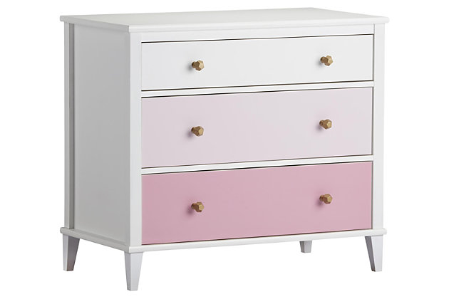Just because they’re outgrowing their clothes doesn’t mean they should outgrow their bedroom furniture. Offering a sweet yet sophisticated look inspired by cottage design, the quality-built Monarch Hill Poppy 3-drawer dresser has a sense of staying power you’re sure to love. What a brilliant choice—everywhere from the nursery to a tween or teen’s room.Made of engineered wood/laminated particle board | Non-toxic, three-tone (white, light pink and dark pink) finish | 3 smooth-gliding drawers | Changing table topper available (sold separately) | 2 sets of metal knobs for customized look | Anti-tip kit included for extra protection | 1-year warranty | Assembly required