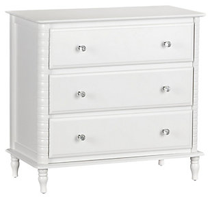 Just because they’re outgrowing their clothes doesn’t mean they should outgrow their bedroom furniture. Offering a sweet yet sophisticated look inspired by cottage design, the quality-built Rowan Valley Linden 3-drawer dresser has a sense of staying power you’re sure to love. What a brilliant choice—everywhere from the nursery to a tween or teen’s room.Made of engineered wood/laminated particle board with solid wood feet | Non-toxic white finish | 3 smooth-gliding drawers with metal slides | Changing table topper available (sold separately) | 2 sets of knobs included (crystal inspired and metal) for a customized look | Anti-tip kit included for extra protection | 1-year warranty | Assembly required