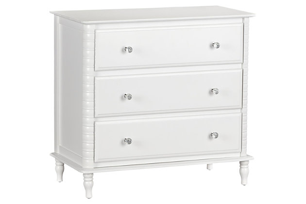 Just because they’re outgrowing their clothes doesn’t mean they should outgrow their bedroom furniture. Offering a sweet yet sophisticated look inspired by cottage design, the quality-built Rowan Valley Linden 3-drawer dresser has a sense of staying power you’re sure to love. What a brilliant choice—everywhere from the nursery to a tween or teen’s room.Made of engineered wood/laminated particle board with solid wood feet | Non-toxic white finish | 3 smooth-gliding drawers with metal slides | Changing table topper available (sold separately) | 2 sets of knobs included (crystal inspired and metal) for a customized look | Anti-tip kit included for extra protection | 1-year warranty | Assembly required