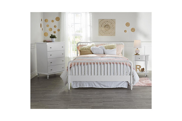 Just because they’re outgrowing their clothes doesn’t mean they should outgrow their bedroom furniture. Offering a sweet yet sophisticated look inspired by cottage design, the quality-built Rowan Valley Laren 4-drawer dresser has a sense of staying power you’re sure to love. What a brilliant choice—everywhere from the nursery to a tween or teen’s room.Made of engineered wood/laminated particle board with solid wood feet | Non-toxic white finish | 4 smooth-gliding drawers with metal slides | 2 sets of knobs included (crystal inspired and metal) for a customized look | Anti-tip kit included for extra protection | 1-year warranty | Assembly required