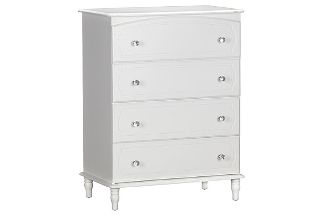 Just because they’re outgrowing their clothes doesn’t mean they should outgrow their bedroom furniture. Offering a sweet yet sophisticated look inspired by cottage design, the quality-built Rowan Valley Laren 4-drawer dresser has a sense of staying power you’re sure to love. What a brilliant choice—everywhere from the nursery to a tween or teen’s room.Made of engineered wood/laminated particle board with solid wood feet | Non-toxic white finish | 4 smooth-gliding drawers with metal slides | 2 sets of knobs included (crystal inspired and metal) for a customized look | Anti-tip kit included for extra protection | 1-year warranty | Assembly required