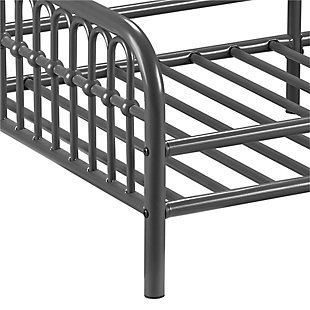 Inspired by classic wrought-iron furniture, the Little Seeds Monarch Hill Ivy metal toddler bed is the perfect size for your growing child. Merging a clean profile with cozy comfort, this toddler bed is high style, sized accordingly. Designed to give them the “big kid” bed they crave while including a few modifications to put you at ease, this bed will have everyone resting easy. Low to the ground profile makes it easy for your little one to get in and out of bed on their own, while the attached guardrails are both pretty and practical. Best of all, your existing full-size crib mattress (sold separately) will fit this toddler bed to a T.Made of metal | Non-toxic gray finish | Fits full-size crib mattress; sold separately | Low profile with guardrails on each side | Assembly required