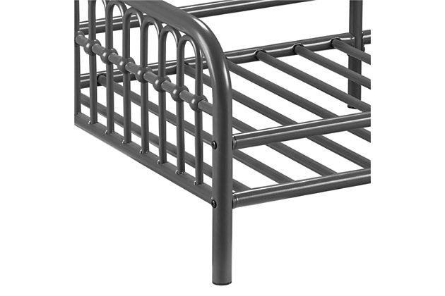 Inspired by classic wrought-iron furniture, the Little Seeds Monarch Hill Ivy metal toddler bed is the perfect size for your growing child. Merging a clean profile with cozy comfort, this toddler bed is high style, sized accordingly. Designed to give them the “big kid” bed they crave while including a few modifications to put you at ease, this bed will have everyone resting easy. Low to the ground profile makes it easy for your little one to get in and out of bed on their own, while the attached guardrails are both pretty and practical. Best of all, your existing full-size crib mattress (sold separately) will fit this toddler bed to a T.Made of metal | Non-toxic gray finish | Fits full-size crib mattress; sold separately | Low profile with guardrails on each side | Assembly required