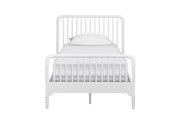 The Little Seeds Rowan Valley Linden kids’ white twin bed evokes the best of traditional style. With its charming cottage style wood spindles, arched headboard/footboard and sweetly turned leg accents, this kid-friendly twin bed is the perfect “next step” as they outgrow the toddler bed. This bed fits most standard twin size mattresses and box springs (not included).Made of wood and engineered wood (laminated particle board) | Non-toxic white finish | 1-year limited warranty | Center support leg for added stability | Mattress and foundation/box spring available, sold separately | Assembly required