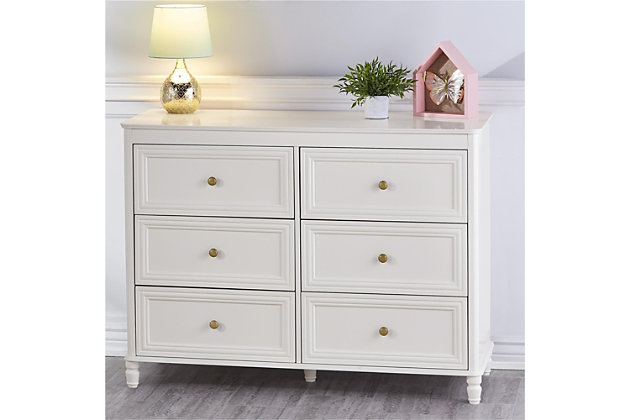 Just because they’re outgrowing their clothes doesn’t mean they should outgrow their bedroom furniture. Offering an on-trend transitional look that complements so many styles, the quality-built Little Seeds Piper 6-drawer dresser has a sense of staying power you’re sure to love. Be it in a nursery or tween or teen’s room, what a sophisticated choice befitting every age and stage.Made of engineered wood and wood veneer with solid wood feet | White laminate finish | 6 smooth-gliding drawers with metal slides | Aged goldtone knobs | Anti-tip kit included for extra protection | 1-year limited warranty | Assembly required | Includes tipover restraint device