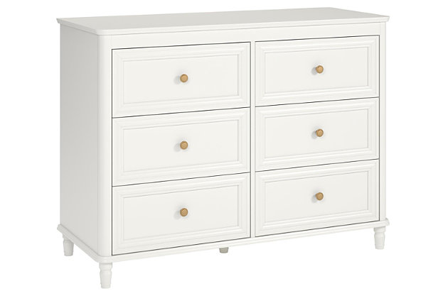 Just because they’re outgrowing their clothes doesn’t mean they should outgrow their bedroom furniture. Offering an on-trend transitional look that complements so many styles, the quality-built Little Seeds Piper 6-drawer dresser has a sense of staying power you’re sure to love. Be it in a nursery or tween or teen’s room, what a sophisticated choice befitting every age and stage.Made of engineered wood and wood veneer with solid wood feet | White laminate finish | 6 smooth-gliding drawers with metal slides | Aged goldtone knobs | Anti-tip kit included for extra protection | 1-year limited warranty | Assembly required | Includes tipover restraint device