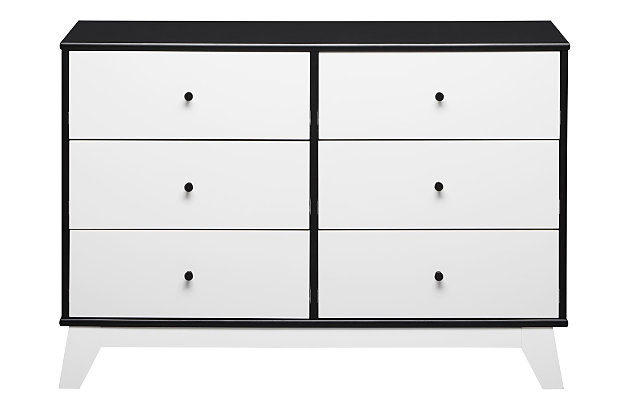 Just because they’re outgrowing their clothes doesn’t mean they should outgrow their bedroom furniture. Offering a cool, crisp, modern look, the quality-built Little Seeds Rowan Valley Flint 6-drawer dresser has a sense of staying power you’re sure to love. What a sophisticated choice that’s welcome everywhere from the nursery to a tween or teen’s room.Made of engineered wood | Non-toxic, two-tone (black and white) finish | 6 smooth-gliding drawers with metal slides | Black knobs | Anti-tip kit included for extra protection | Assembly required | Includes tipover restraint device