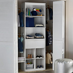 Making the most of limited closet space, this quality-built Grow with Me closet insert provides plenty of storage to keep your child’s clothes organized and within reach. Its high-end designer aesthetic has a staying power you’re sure to love. What a brilliant choice—everywhere from the nursery to a tween or teen’s room.Made of engineered wood/laminated particle board | Non-toxic white finish | 5 adjustable metal clothes rods | 3 shelves (1 adjustable) | 4 open cubbies | Smooth-gliding drawer with metal slides | Shoe rack (attachable on either side) | Anti-tip kit included for extra protection | 1-year limited warranty | Assembly required