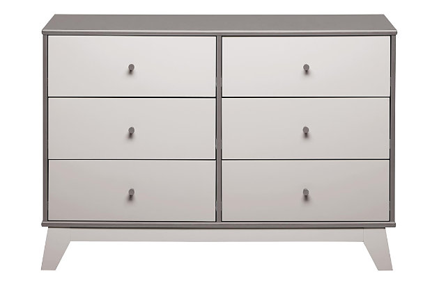 Just because they’re outgrowing their clothes doesn’t mean they should outgrow their bedroom furniture. Offering a cool, crisp, modern look, the quality-built Little Seeds Rowan Valley Flint 6-drawer dresser has a sense of staying power you’re sure to love. What a sophisticated choice that’s welcome everywhere from the nursery to a tween or teen’s room.Made of engineered wood/laminated particle board | Non-toxic, two-tone (gray and brown) finish | 6 smooth-gliding drawers with metal slides | Changing table topper available (sold separately) | Anti-tip kit included for extra protection | Assembly required
