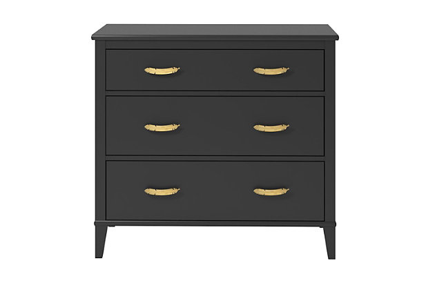 In the mood for a change? This Little Seeds Monarch Hill Hawken 3-drawer dresser includes two sets of pulls—streamlined silvertone or a stylized goldtone feather—so you can customize the look to suit your space. Sporting a dramatic dark finish and an updated design, this versatile piece provides plenty of storage to keep your child’s room neat and organized. Whether you settle on silver or go for the gold, you'll have a dresser that will make a lasting impression.Made of engineered wood/laminated particle board | Non-toxic matte black finish | 3 smooth-gliding drawers with metal slides | Changing table topper available (sold separately) | 2 sets of metal drawer pulls (goldtone feather and silvertone) for a customized look | Anti-tip kit included for extra protection | Assembly required