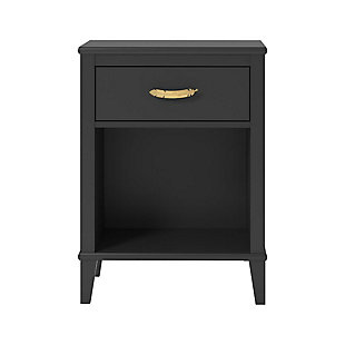 In the mood for a change? This Little Seeds Monarch Hill Hawken nightstand includes two sets of pulls—streamlined silvertone or a stylized goldtone feather—so you can customize the look to suit your space. Sporting a dramatic dark finish and an updated design, this versatile piece provides plenty of storage to keep your child’s room neat and organized. Whether you settle on silver or go for the gold, you'll have a nightstand that will make a lasting impression.Made of engineered wood/laminated particle board | Non-toxic matte black finish | Smooth-gliding drawer with metal slides | Open cubby | 2 sets of metal drawer pulls (goldtone feather and silvertone) for a customized look | Assembly required