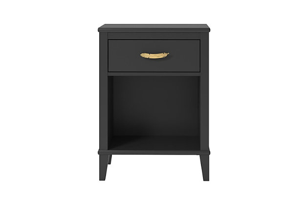 In the mood for a change? This Little Seeds Monarch Hill Hawken nightstand includes two sets of pulls—streamlined silvertone or a stylized goldtone feather—so you can customize the look to suit your space. Sporting a dramatic dark finish and an updated design, this versatile piece provides plenty of storage to keep your child’s room neat and organized. Whether you settle on silver or go for the gold, you'll have a nightstand that will make a lasting impression.Made of engineered wood/laminated particle board | Non-toxic matte black finish | Smooth-gliding drawer with metal slides | Open cubby | 2 sets of metal drawer pulls (goldtone feather and silvertone) for a customized look | Assembly required