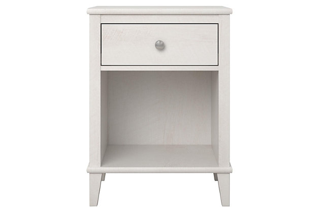 Have everything you need for bedtime in one place with the Little Seeds Monarch Hill Poppy Nightstand. Made of laminated particleboard, the off-white woodgrain finish gives the Nightstand an updated, modern look. Two sets of drawer knobs are included so you can customize the look of the Nightstand. The durable metal drawer slides feature built in stops for safety. Place your child’s lamp and clock on the top surface and organize their favorite bed time stories in the open cubby so you have everything you need to tuck your little one in at night. The drawer is a convenient spot to store smaller items like reading glasses and writing utensils. The Nightstand meets or exceeds the CPSIA Juvenile testing requirements to ensure your child’s safety. The Nightstand ships flat to your door and requires assembly upon opening. Two adults are recommended to assemble. Once assembled, the Nightstand measures to be 26.81”H x 19.69”W x 15.08”D. Little Seeds not only creates this and many more on trend baby to teen furniture pieces, we also partner with various environmental protection programs to protect pollinator and other wildlife habitats for future generations.Add a fun style to your child’s bedroom with the Little Seeds Monarch Hill Poppy Nightstand | Made of laminated particleboard, the off-white woodgrain finish gives the Nightstand a trendy look. Customize the look of the Nightstand with the 2 sets of knobs that are included | Keep everything you need for bedtime organized on the top surface and lower open cubby and keep small items stored away in the drawer | Coordinate your child’s room with the entire Monarch Hill Poppy collection (sold separately) | The Nightstand ships flat to your door and 2 adults are recommended to assemble. Top surface and cubby can hold up to 40 lbs. while the drawer can hold 15 lbs. Assembled dimensions: 26.81”H x 19.69”W x 15.08”D | The Nightstand meets or exceeds the CPSIA Juvenile testing to ensure your child’s safety | Little Seeds partners with various environmental protection programs to protect pollinator and other wildlife habitats for future generations. | Little Seeds is a furniture brand providing families with high quality children’s products with great style. Little Seeds is committed to protecting and preserving the environment for our children’s future. And it just starts with a little seed