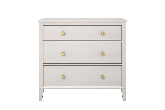 In the mood for a change? This Little Seeds Monarch Hill Poppy 3-drawer dresser includes two sets of knobs so you can customize the look to suit your space. Sporting an off-white finish and an updated design, this stylish piece provides all the roomy storage you need to keep your child’s clothes neat and organized. Whether you settle on silver or go for the gold, you'll have a dresser that will make a lasting impression.Made of engineered wood/laminated particle board | Non-toxic, off-white woodgrain finish | 3 smooth-gliding drawers with metal slides | Changing table topper available (sold separately) | 2 sets of metal pulls (goldtone and silvertone) for a customized look | Anti-tip kit included for extra protection | Assembly required