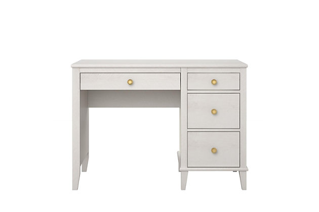 In the mood for a change? This Little Seeds Monarch Hill Poppy desk includes two sets of knobs so you can customize the look to suit your space. Sporting an off-white finish and an updated design, this stylish piece provides plenty of room to work on art projects, read a book or finish homework on the spacious desktop. Whether you settle on silver or go for the gold, you'll have a desk that will make a lasting impression.Made of engineered wood/laminated particle board | Non-toxic, off-white woodgrain finish | 4 smooth-gliding drawers with metal slides | 2 sets of metal pulls (goldtone and silvertone) for a customized look | Assembly required