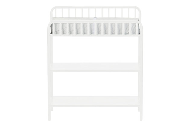 Make your nursery prim and proper with the Victorian-inspired Little Seeds Rowan Valley Lanley metal crib and changing table set. Modeled after wrought iron furnishings of the period, this set’s arched metal tubes and decorative ball castings reflect timeless elegance. The metal mattress support adjusts to three heights to grow with your son or daughter, and with two storage shelves, the changing table helps you keep all of baby’s necessities right at hand. Whether you want a modern take on antique style or have a period home, this classic look will grow with your little one.Made of metal | Non-toxic white finish | High-quality powder-coat finish that resists scuff and scratches | Crib fits a standard crib mattress (sold separately) | Changing table fits most standard-size changing pads (sold separately) | Changing table with 2 open shelves for storage | Stability tested to meet or exceed tip standards | Anti-tip kit included for extra protection | Purchase supports the little seeds animal habitat initiative | Little seeds partners with the national wildlife federation’s garden for wildlife program to help save the monarch butterfly | Assembly required