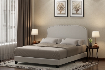Upholstered Queen Panel Bed with Nailhead Trim, Linen