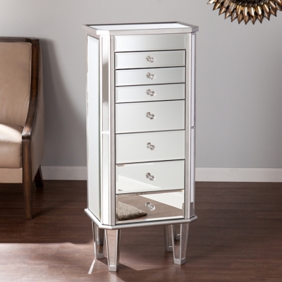 Mirrored Jewelry Armoire with 7 Drawers, Silver