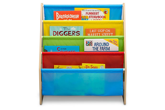 Foster your child’s love of reading. With four tiers of fabric storage pockets, the Sling Book Rack Bookshelf for Kids from Delta Children offers a stylish storage space for books of all shapes and sizes. Designed to be kid-height, this bookshelf makes it easy for them to view and select their favorite titles while varying, bright colors make it easy and fun to replace the books when they’re done reading. Strong and sturdy, the wood construction ensures years of lasting use and makes a great addition to any room in the house.For any questions regarding delta children products, please contact consumersupport@deltachildren.com monday to friday, 8:30 a.m. To 6 p.m. (est) | Made of wood, engineered wood, fabric and metal | Recommended for ages 3+ | Designed for indoor use only | Assembly required