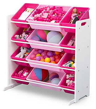 The Delta Children Kids Toy Storage Organizer comes with 12 plastic bins and gives you everything you need to create a cute, clutter-free space. Easy to remove and rearrange, the bins come in two sizes—eight standard size and four large—that provide storage space for toys, games, dress-up clothes, books and more. Perfectly kid-sized, the sturdy, 4-tiered wood frame securely holds the bins in place to allow children the ability to see and access all their favorite toys. The brightly colored plastic storage bins can help build your little one’s cognitive skills by encouraging them to explore color identification and sorting, driving your child to think, learn, remember and pay attention.For any questions regarding delta children products, please contact consumersupport@deltachildren.com monday to friday, 8:30 a.m. To 6 p.m. (est) | Made of wood, engineered wood, fabric and metal | 8 standard size toy bins and 4 large toy bins | Bins can be rearranged and removed for easy cleanup | Recommended for ages 3+ | Designed for indoor use only | Assembly required