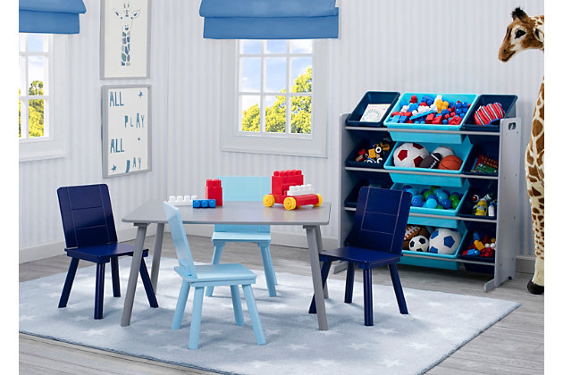 The Delta Children Kids Toy Storage Organizer comes with 12 plastic bins and gives you everything you need to create a cute, clutter-free space. Easy to remove and rearrange, the bins come in two sizes—eight standard size and four large—that provide storage space for toys, games, dress-up clothes, books and more. Perfectly kid-sized, the sturdy, 4-tiered wood frame securely holds the bins in place to allow children the ability to see and access all their favorite toys. The brightly colored plastic storage bins can help build your little one’s cognitive skills by encouraging them to explore color identification and sorting, driving your child to think, learn, remember and pay attention.For any questions regarding delta children products, please contact consumersupport@deltachildren.com monday to friday, 8:30 a.m. To 6 p.m. (est) | Made of wood, engineered wood, fabric and metal | 8 standard size toy bins and 4 large toy bins | Bins can be rearranged and removed for easy cleanup | Recommended for ages 3+ | Designed for indoor use only | Assembly required