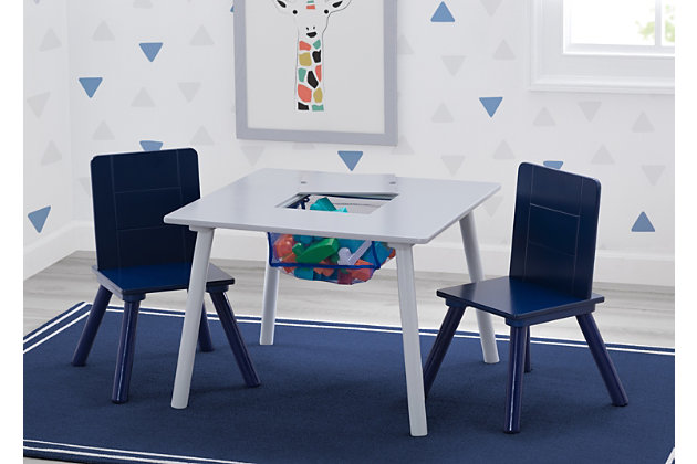 Spark years of creative play and learning with this Table and Chair Set with Storage by Delta Children. Perfectly sized for your growing child, this set features a sturdy wood table in white and two boldly colored chairs with grooved detailing. As functional as it is stylish, a built-in storage compartment in the center of the tabletop provides a perfect spot for stowing away toys, books or art supplies. Beautifully crafted, this set proves that play tables can be as tasteful, charming and multi-functional as the rest of your home decor.For any questions regarding delta children products, please contact consumersupport@deltachildren.com monday to friday, 8:30 a.m. To 6 p.m. (est) | Made of wood, engineered wood, fabric and metal | Recommended for toddlers and kids ages 3+; each chair holds up to 50 lbs | Designed for indoor use only | Assembly required