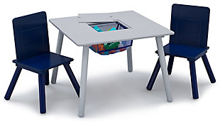 Spark years of creative play and learning with this Table and Chair Set with Storage by Delta Children. Perfectly sized for your growing child, this set features a sturdy wood table in white and two boldly colored chairs with grooved detailing. As functional as it is stylish, a built-in storage compartment in the center of the tabletop provides a perfect spot for stowing away toys, books or art supplies. Beautifully crafted, this set proves that play tables can be as tasteful, charming and multi-functional as the rest of your home decor.For any questions regarding delta children products, please contact consumersupport@deltachildren.com monday to friday, 8:30 a.m. To 6 p.m. (est) | Made of wood, engineered wood, fabric and metal | Recommended for toddlers and kids ages 3+; each chair holds up to 50 lbs | Designed for indoor use only | Assembly required