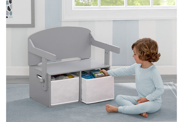 A smart choice for your growing child, the MySize Kids Activity Bench features an innovative, 3-in-1 design that easily converts from a bench with storage to a desk in seconds. Perfectly sized just for them, this versatile piece offers kids a multipurpose work station for playtime, homework, crafts, and more. Plus, the clever construction also boasts ample storage with two fabric bins under the seat—ideal for keeping books, toys, art supplies and anythinng else your kid wants at hand. Constructed from sturdy wood, this kids’ activity desk will stand up to years of learning and creative play.For any questions regarding delta children products, please contact consumersupport@deltachildren.com monday to friday, 8:30 a.m. To 6 p.m. (est) | Made of wood, engineered wood, metal and fabric | 2 fabric storage bins | Easy assembly | Recommended for ages 3 and up