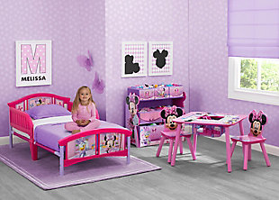 Make her space extra special with a little help from Minnie Mouse! Boasting colorful graphics of Minnie and her BFF Daisy Duck at the headboard and footboard, this Minnie Mouse Plastic Toddler Bed from Delta Children helps your sweet girl make the transition from crib to big kid bed thanks to the two attached guardrails and low to the ground design.Made of plastic and fabric | Holds up to 50 pounds | High-quality plastic construction | Uses a standard crib mattress (sold separately) | Easy assembly | For any questions regarding delta children products, please contact consumersupport@deltachildren.com monday to friday, 8:30 a.m. To 6 p.m. (est)