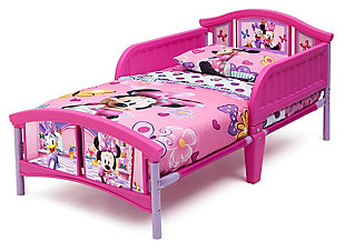 Make her space extra special with a little help from Minnie Mouse! Boasting colorful graphics of Minnie and her BFF Daisy Duck at the headboard and footboard, this Minnie Mouse Plastic Toddler Bed from Delta Children helps your sweet girl make the transition from crib to big kid bed thanks to the two attached guardrails and low to the ground design.Made of plastic and fabric | Holds up to 50 pounds | High-quality plastic construction | Uses a standard crib mattress (sold separately) | Easy assembly | For any questions regarding delta children products, please contact consumersupport@deltachildren.com monday to friday, 8:30 a.m. To 6 p.m. (est)