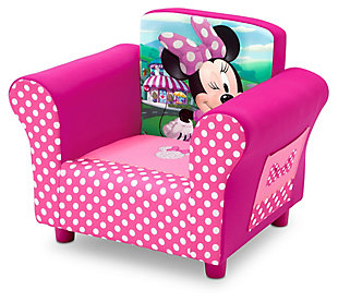 She'll love to snuggle up in this Disney Minnie Mouse Upholstered Chair from Delta Children. A cozy toddler chair, it features a durable wood frame, plush foam padding, storage pockets on both sides, and adorable graphics of every girl’s favorite mouse, Minnie. The perfect kids-only spot for reading, watching movies or just relaxing, it makes any activity extra special.For any questions regarding delta children products, please contact consumersupport@deltachildren.com monday to friday, 8:30 a.m. To 6 p.m. (est) | Made of wood, fabric and metal | Recommended for ages 3-6 | Holds up to 100 pounds | Wipe clean with mild soap and water | No assembly required