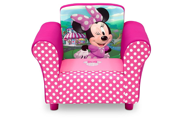 She'll love to snuggle up in this Disney Minnie Mouse Upholstered Chair from Delta Children. A cozy toddler chair, it features a durable wood frame, plush foam padding, storage pockets on both sides, and adorable graphics of every girl’s favorite mouse, Minnie. The perfect kids-only spot for reading, watching movies or just relaxing, it makes any activity extra special.For any questions regarding delta children products, please contact consumersupport@deltachildren.com monday to friday, 8:30 a.m. To 6 p.m. (est) | Made of wood, fabric and metal | Recommended for ages 3-6 | Holds up to 100 pounds | Wipe clean with mild soap and water | No assembly required
