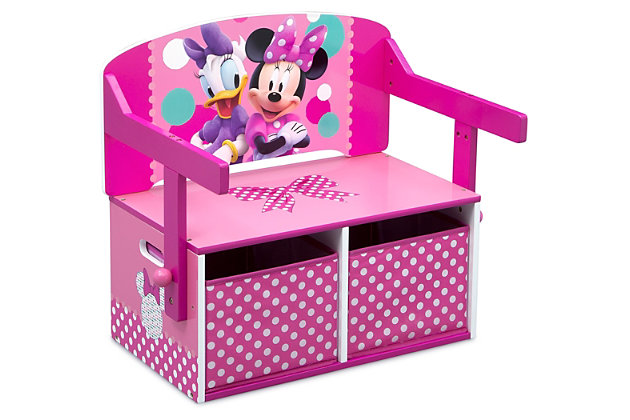 The Disney Minnie Mouse Kids Activity Bench by Delta Children is simply ear-resistible! Adorned with all things Minnie, including a polka dot print, bows and pretty pink hue, this charming bench is timeless—just like Minnie Mouse herself. An ideal choice for your growing Mouseketeer, it features a 3-in-1 design that easily converts from a storage bench to a desk, to offer easy transition from playtime to homework, crafts and more in seconds. An incredibly versatile piece, this bench/desk also features ample storage underneath with two fabric bins; it's a perfect spot for kids to keep their toys, books, art supplies or more. A smart and stylish addition to your little one’s Clubhouse, this sturdy activity bench will be cherished for years to come.For any questions regarding delta children products, please contact consumersupport@deltachildren.com monday to friday, 8:30 a.m. To 6 p.m. (est) | Made of wood, engineered wood, metal and fabric | 2 fabric storage bins | Recommended for ages 3 and up | Easy assembly