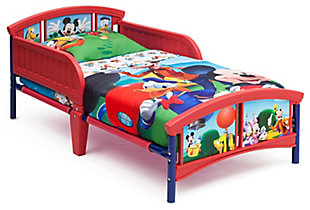 Make his bedroom magical with a little help from Mickey Mouse. Boasting colorful graphics of Mickey and friends at the headboard and footboard, this Mickey Mouse Plastic Toddler Bed from Delta Children helps your sweet boy make the transition from crib to big kid bed thanks to the two attached guardrails and low to the ground design.Made of plastic and fabric | Holds up to 50 pounds | High-quality plastic construction | Uses a standard crib mattress (sold separately) | Easy assembly | For any questions regarding delta children products, please contact consumersupport@deltachildren.com monday to friday, 8:30 a.m. To 6 p.m. (est)
