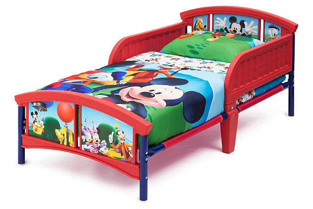 Make his bedroom magical with a little help from Mickey Mouse. Boasting colorful graphics of Mickey and friends at the headboard and footboard, this Mickey Mouse Plastic Toddler Bed from Delta Children helps your sweet boy make the transition from crib to big kid bed thanks to the two attached guardrails and low to the ground design.Made of plastic and fabric | Holds up to 50 pounds | High-quality plastic construction | Uses a standard crib mattress (sold separately) | Easy assembly | For any questions regarding delta children products, please contact consumersupport@deltachildren.com monday to friday, 8:30 a.m. To 6 p.m. (est)