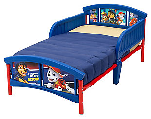 There's no job too big and no pup too small for Chase and this Nick Jr. PAW Patrol Plastic Toddler Bed by Delta Children. Adorable graphics feature Chase, Marshall, Rubble and all their furry friends. This sturdy toddler bed provides a safe sleep space that your little one will WANT to stay in all night long. Designed with attached guardrails and an easy in-and-out low height, this toddler bed meets JPMA, CPSC and ASTM safety standards, so you can feel secure with your growing child using it night after night.For any questions regarding delta children products, please contact consumersupport@deltachildren.com monday to friday, 8:30 a.m. To 6 p.m. (est) | Made of strong and sturdy wood | Sturdy steel frame | 2 attached guardrails; bed coordinates with cars bedding (sold separately) | Recommended for ages 15 months + | Holds up to 50 pounds | Uses standard crib mattress (sold separately) | Easy assembly